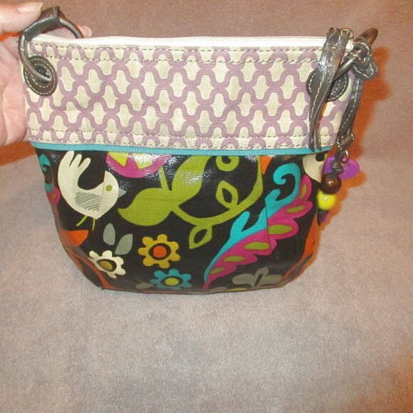 Vtg Y2K Fossil Key-Per Coated Canvas Crossbody Shoulder Bag Hobo Funky Bird Art - Picture 2 of 13